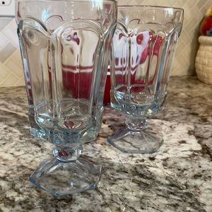 Footed drinking glass heavyweight six sided pale blue